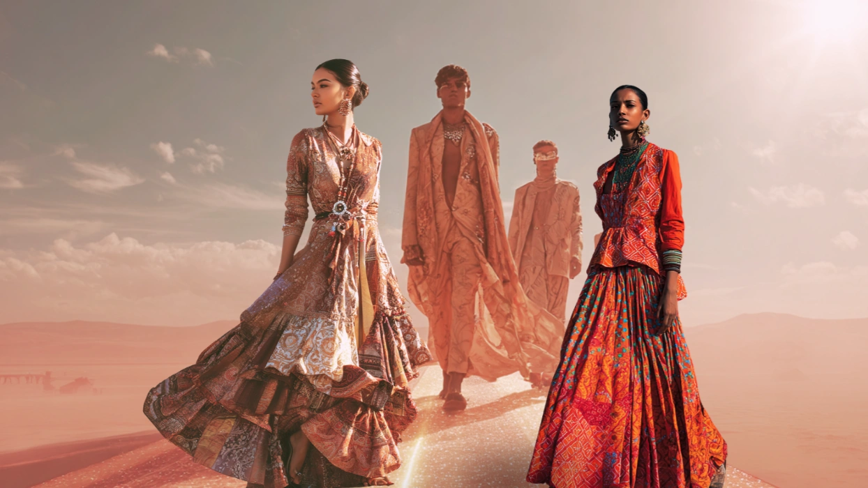 Fashion runway-inspired scene featuring models in vibrant patterned garments, showcasing cultural fashion, luxury apparel, and contemporary design.