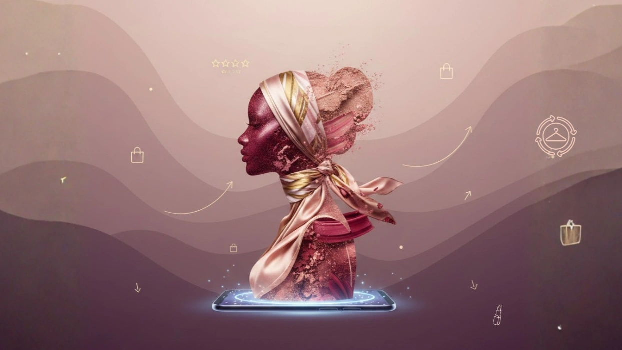 Digital beauty and e-commerce illustration featuring a woman emerging from a smartphone, representing online shopping, cosmetics, and personalized customer experiences.