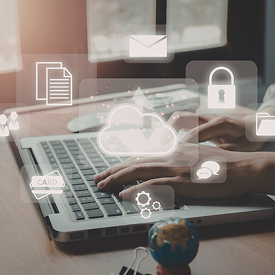 Cloud computing and cybersecurity illustration showing secure data access, cloud storage, and digital collaboration on a laptop.