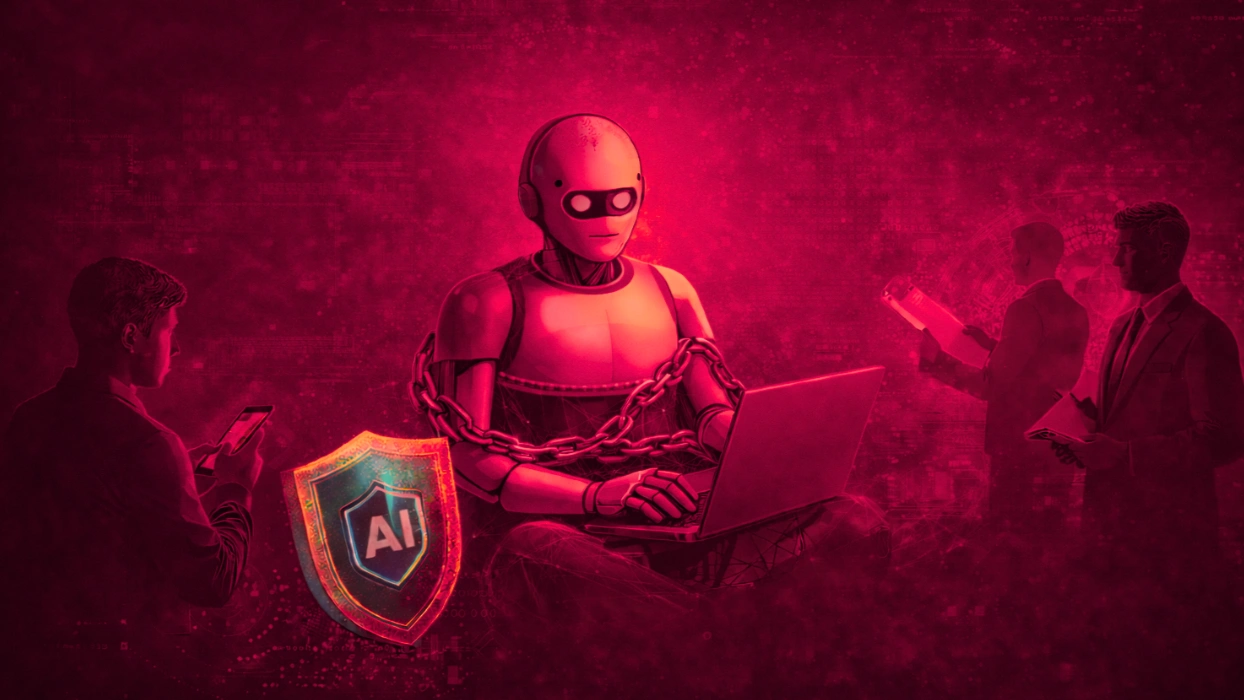 AI cybersecurity illustration featuring a humanoid robot using a laptop, symbolizing artificial intelligence governance, digital security, and risk management.