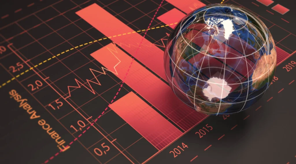 Global financial analytics visualization showing international market trends, economic performance data, and worldwide business growth.