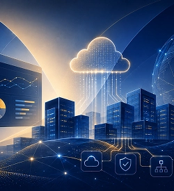 Image of a cloud network with icons of analytics and servers.
