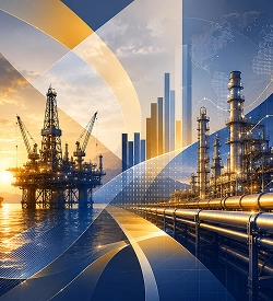 Artistic representation of an oil drill with analytical bar graphs in the background.