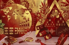 Business strategy and financial planning illustration featuring global markets, analytics, investment data, and economic growth concepts.