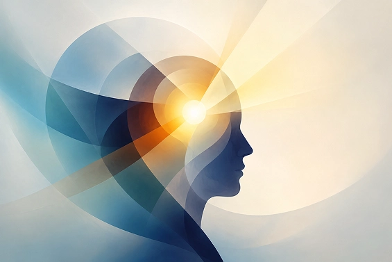 Abstract art of a person with a focused light emitting from the centre.