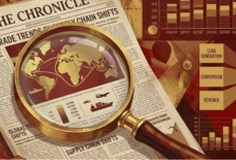A newspaper with a magnifying glass zoomed in on a world map.