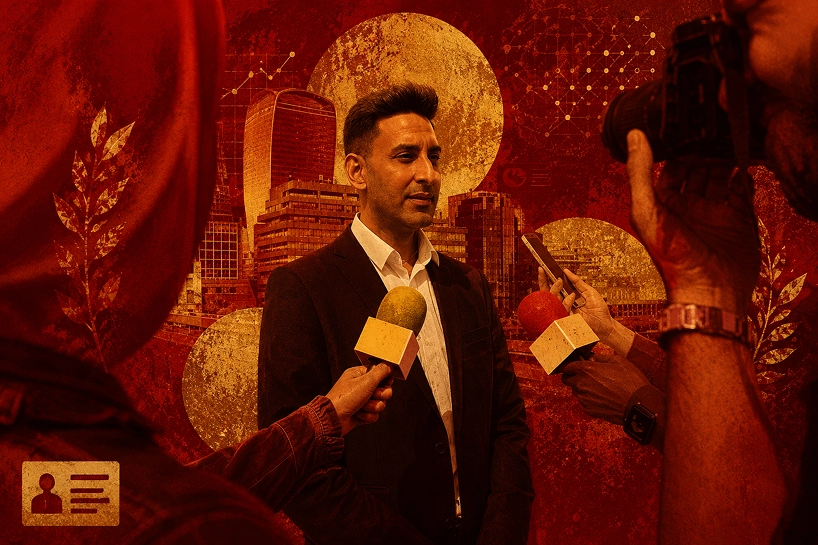 A man surrounded by press microphones.
