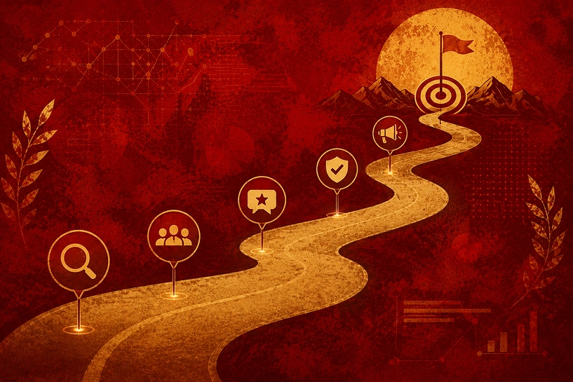 An artistic image with a road on which several icons lead to a target flag.
